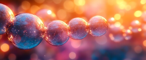 Closeup of transparent shiny orbs arranged in a line with blurred glowing bokeh background.