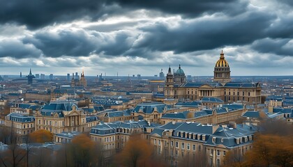 Wall Mural - Under the cloudy sky, a magnificent panoramic view of the city shows a beautiful combination of ancient buildings and modern facilities.