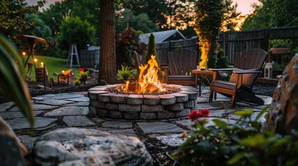 Wall Mural - A fire pit sits in the center of a backyard, perfect for outdoor gatherings and warm evenings