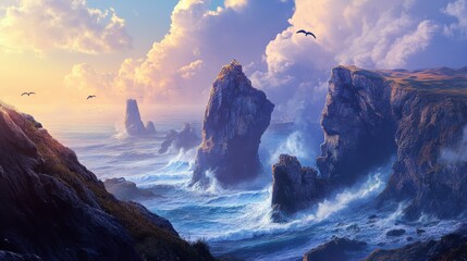 Canvas Print - Rocky cliffs, crashing waves, and a vibrant sky.