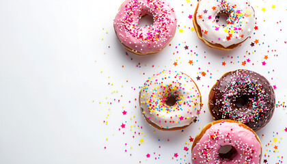 Poster - Donuts decorated with icing and sprinkles on white background top view copy space template