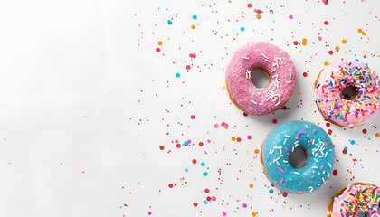 Poster - Donuts decorated with icing and sprinkles on white background top view copy space template