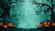 © mjpilot - Spooky Halloween forest with glowing jack-o-lanterns, bats, and trees in teal, orange, and black.