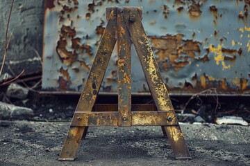 Poster - An old wooden easel standing in front of a rusty, abandoned building