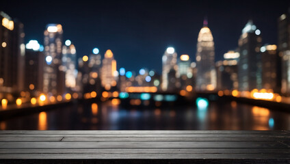 Wall Mural - The empty white wooden table top with blur background of urban building. For product display