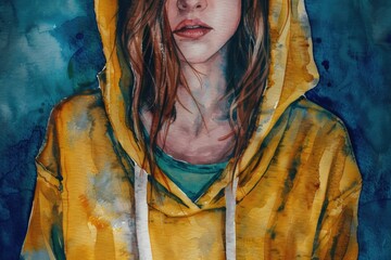 Poster - A person wearing a bright yellow hoodie and likely heading outdoors on a sunny day