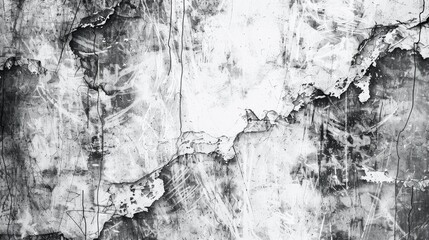 Sticker - A black and white photo of a worn-out concrete wall with cracks and fissures