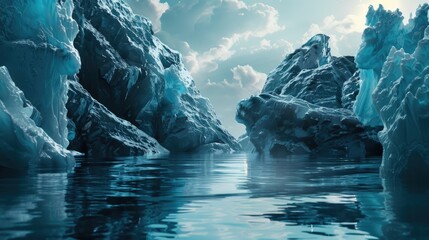 Poster - A group of icebergs floating on the surface of the water, with some partially submerged