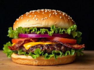 Beautiful adverisement close up photo of a tasty delicious juicy cheeseburger with crispy bacon, slice of tomato, green salad, red onion and yellow cheese on standing on a wooden cutting board.