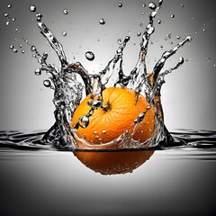 Refreshing orange splashing into crystal clear water.