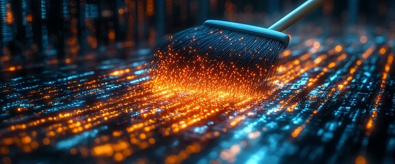 A broom sweeping away glowing data code.