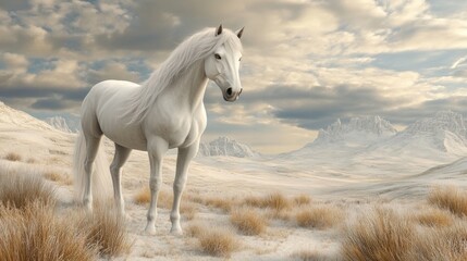 Wall Mural - A white horse standing in a field with mountains behind it, AI