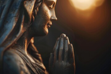 Wall Mural - A close-up view of a woman's prayerful expression on a statue