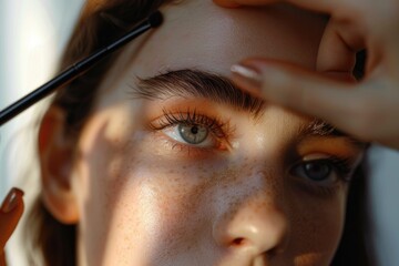 Poster - A woman holding a mascara brush, focused on applying makeup