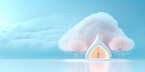 A small white house is on a small island in the middle of a large body of water. The sky is cloudy