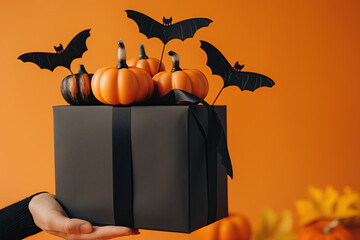 A hand holding a black gift box with small decorative pumpkins on top and paper bats around, set against an orange background, highlighting a festive Halloween theme...