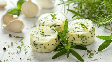 Three herb butter slices with fresh green herbs on a kitchen surface with garlic cloves and spices.