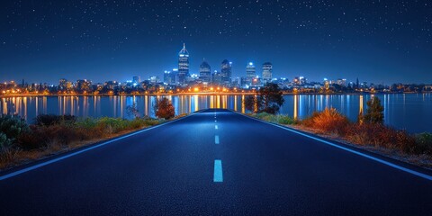 Canvas Print - Empty Road Leading to a City Skyline Under a Starry Night