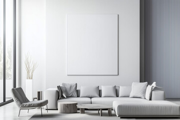 Wall Mural - A modern minimalist living room with a neutral color palette, large white, blank photo frame, and abundant natural light. Mockup for photos and art