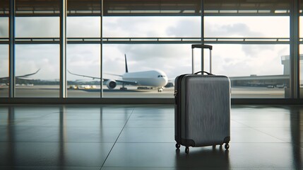 Travel Suitcase: A sleek, modern suitcase standing in an airport terminal with planes visible through large windows.
