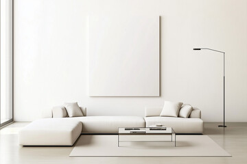 Wall Mural - A modern minimalist living room with a neutral color palette, large white, blank photo frame, and abundant natural light. Mockup for photos and art