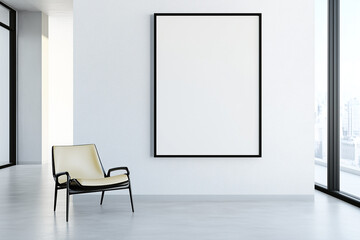 Wall Mural - A modern minimalist living room with a neutral color palette, large white, blank photo frame, and abundant natural light. Mockup for photos and art