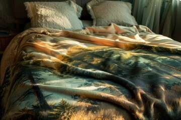 Poster - A cozy bed with a blanket on top, perfect for a relaxing atmosphere