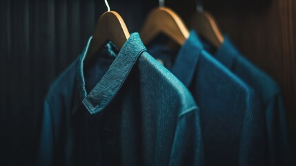 Close-up of Two Blue Shirts Hanging on Wooden Hangers