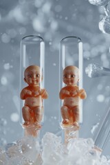 Poster - Two small figurines sit in a glass container filled with ice