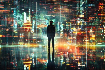 Poster - A person standing outdoors looking at the cityscape at night, possibly contemplating or enjoying the view