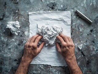 Hands crumpling a sheet of paper on a gray surface.  The paper is crumpled and white.  There is a metallic tool in the background.