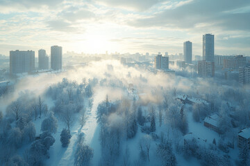 Sticker - A pristine, snowy landscape with clear skies contrasted with a foggy, polluted cityscape with smog and grime. Concept of purity versus pollution.