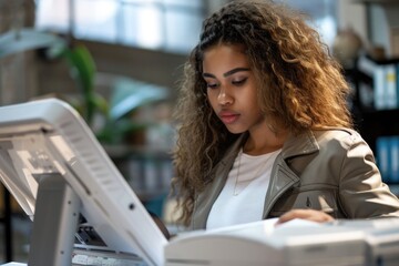 Sticker - A woman sits at a desk, focused on her laptop as she works