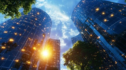 Low angle view of modern skyscrapers with sun shining through the clouds.