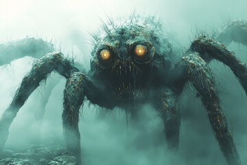 Wall Mural - A nightmarish creature with multiple eyes and spindly legs, emerging from a foggy abyss. Concept of Lovecraftian horror and cosmic monsters.