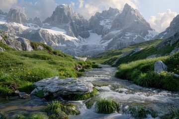 Sticker - A peaceful mountain stream flowing through a verdant valley, ideal for outdoor recreation and nature photography