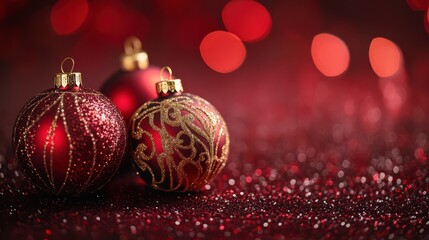 Elegant Christmas Ornaments with Red Bokeh Background