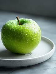 Wall Mural - Close-up of a fresh green apple with water droplets on a plate.