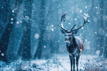 Wall Mural - A deer standing in the snow, surrounded by trees