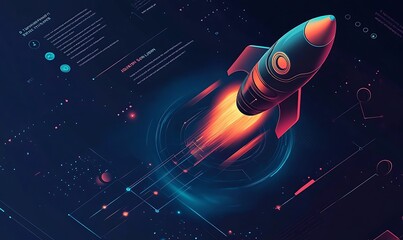 Wall Mural - Futuristic Rocket Ship Taking Off Against a Dark Blue Background with Glowing Neon Lines