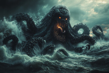 Wall Mural - a massive, tentacled sea monster rising from the depths of a stormy ocean, creating waves and chaos.
