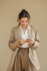 Sticker - A professional woman looks down at her cell phone while wearing a tan business suit, possibly taking a break from work or checking for important messages