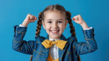 Wall Mural - A young child dressed in a blue jacket and yellow bow tie, looking cheerful