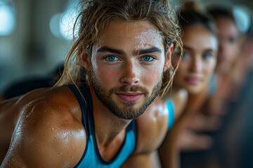 Canvas Print - A group of friends participating in a fun, competitive fitness challenge, highlighting social aspects of exercise. Concept of group motivation and fitness community.