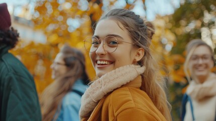 Sticker - A smiling woman wearing glasses and a scarf looks directly into the camera