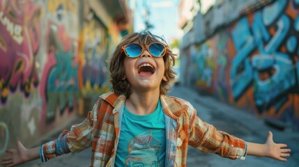 Wall Mural - A young boy wearing sunglasses and a plaid shirt, suitable for casual photography or illustrations