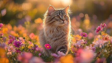 Wall Mural - cute and beautiful cat strutting through a sea of flowers