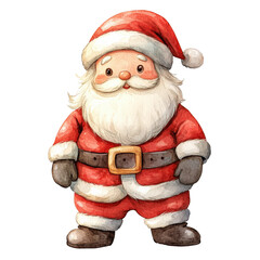 dibujo en acuarela de un adorable papá noel de pie, con su traje típico rojo y guantes negros, sobre