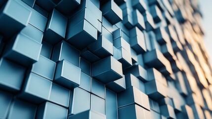 Wall Mural - The illuminated blocks are neatly aligned and set against a blue, contemporary tech background. Each block is rendered in 3D.