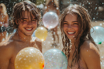 Canvas Print - Two people having a playful water balloon fight in a sunny backyard, displaying their fun-loving nature. Concept of joy and spontaneity.